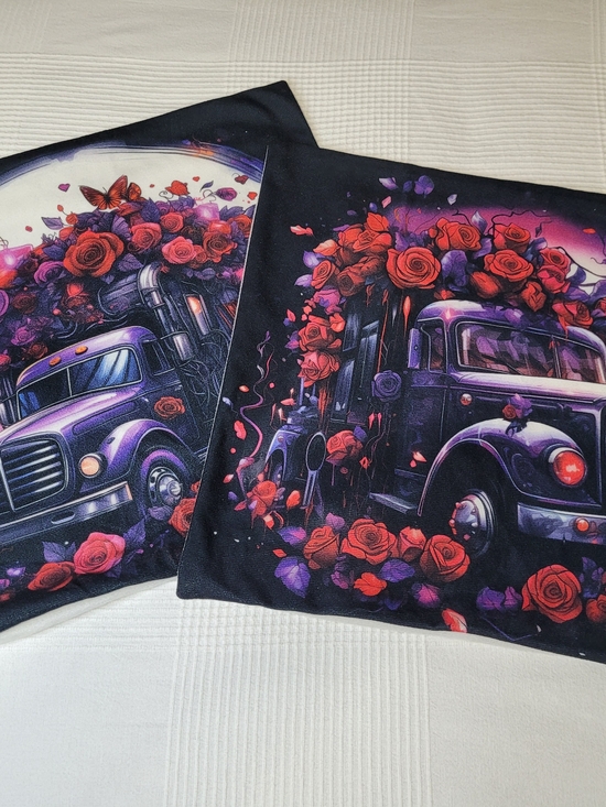 Other - NWOT- Set of 2 Gothic Retro Semi Truck & Red Roses Pillow Covers - Like New